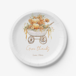 Watercolor Pumpkin Carriage Autumn Baby Shower Paper Plate