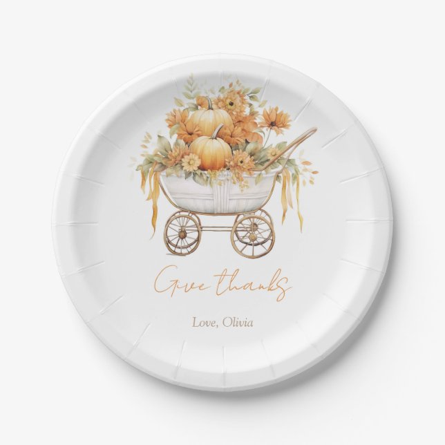 Watercolor Pumpkin Carriage Autumn Baby Shower  Paper Plate (Front)