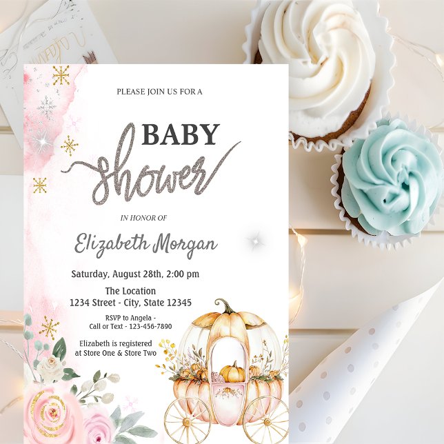 Watercolor Pumpkin Carriage Polka Dots Baby Shower Invitation (Creator Uploaded)