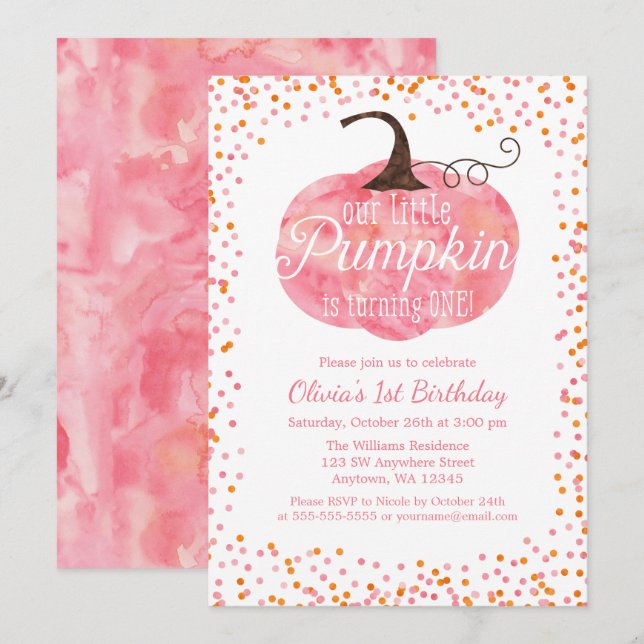 Watercolor Pumpkin Confetti Girl First Birthday Invitation (Front/Back)