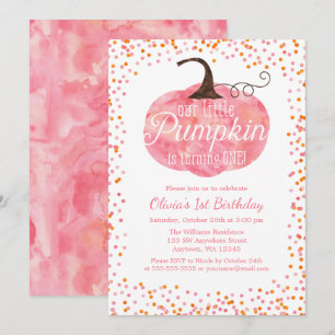 Watercolor Pumpkin Confetti Girl First Birthday Invitation