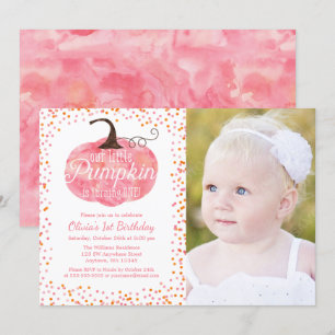 Watercolor Pumpkin Confetti Girl First Birthday Invitation