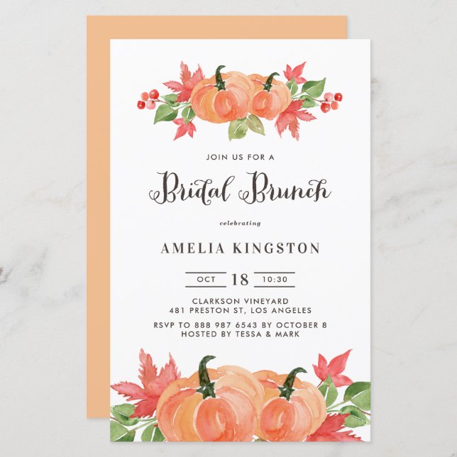 Watercolor Pumpkin Fall Bridal Brunch Invitatation (Front/Back)