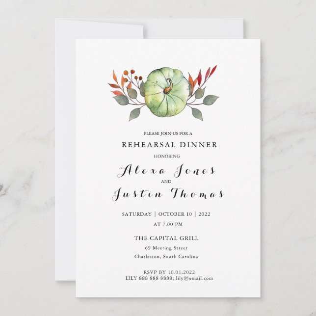 Watercolor pumpkin Fall foliage Rehearsal Dinner Announcement (Front)