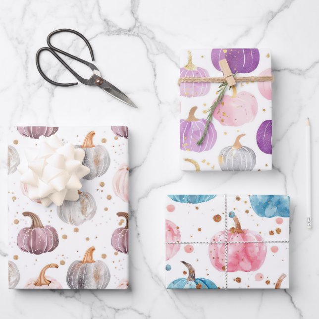 Watercolor Pumpkin Fall Pattern Wrapping Paper Sheet (Front)
