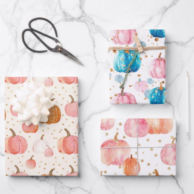 Watercolor Pumpkin Fall Pattern Wrapping Paper Sheet (Front)
