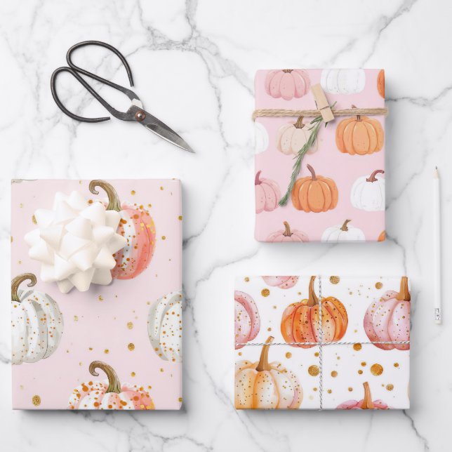 Watercolor Pumpkin Fall Pattern Wrapping Paper Sheet (Front)