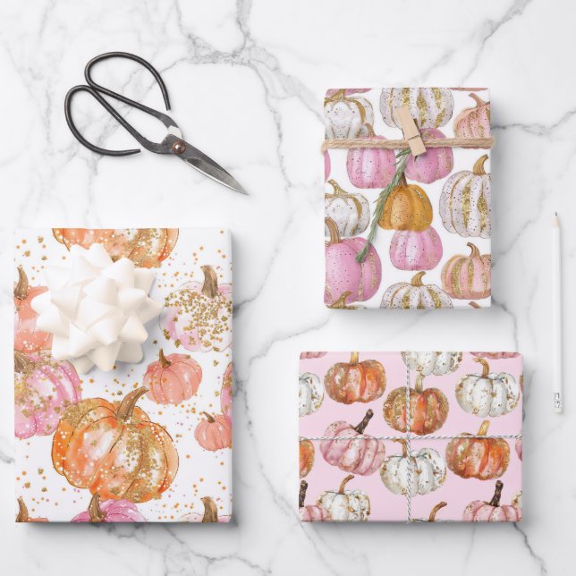Watercolor Pumpkin Fall Pattern Wrapping Paper Sheet (Front)