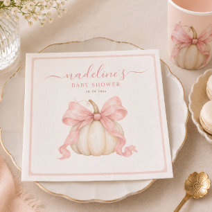 Watercolor Pumpkin Fall Pink Bow Baby Girl Shower Napkin