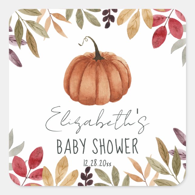 Watercolor Pumpkin Fall Themed Baby Shower   Square Sticker (Front)