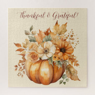 Watercolor Pumpkin Floral Design- Jigsaw Puzzle