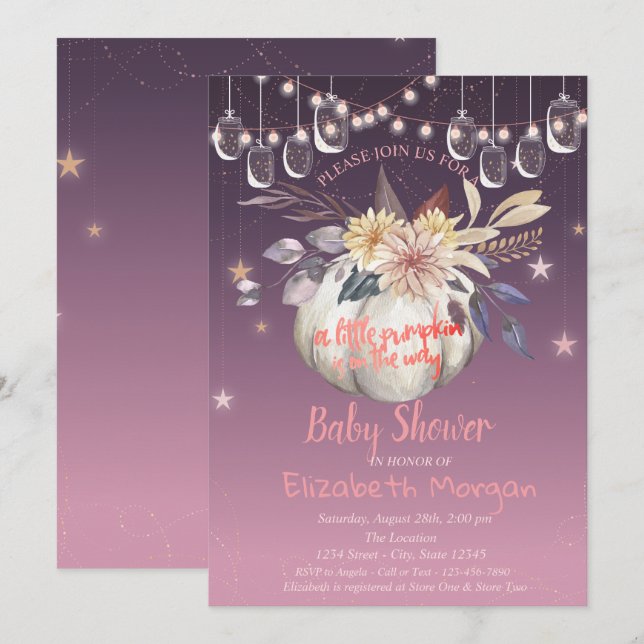 Watercolor Pumpkin,Floral, Lights Baby Shower Invitation (Front/Back)