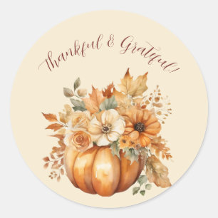 Watercolor Pumpkin Floral-Thankful & Grateful- Classic Round Sticker