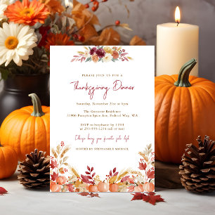 Watercolor Pumpkin Floral Thanksgiving Dinner Invitation