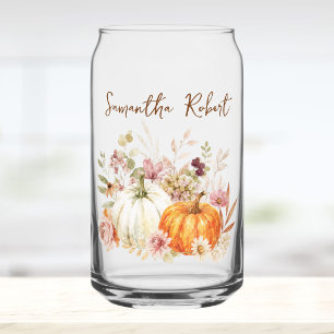 Watercolor Pumpkin Flower Autumn Harvest Customise Can Glass