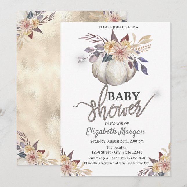 Watercolor Pumpkin Flowers Baby Shower Invitation (Front/Back)