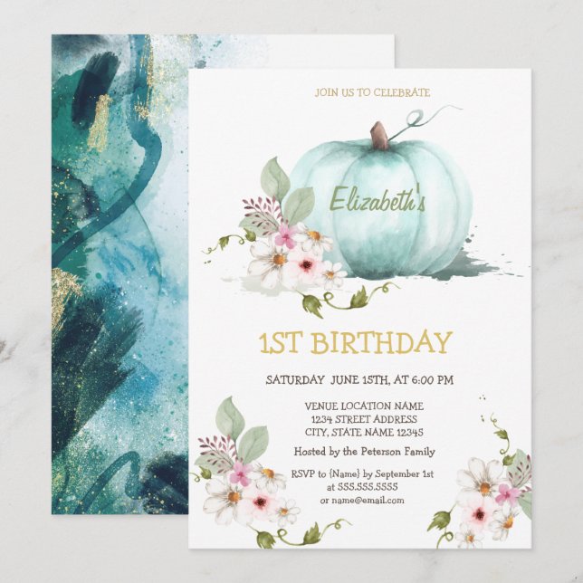 Watercolor Pumpkin Flowers Birthday  Invitation (Front/Back)