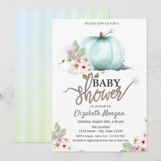 Watercolor Pumpkin Flowers Striped Baby Shower  Invitation (Front/Back)