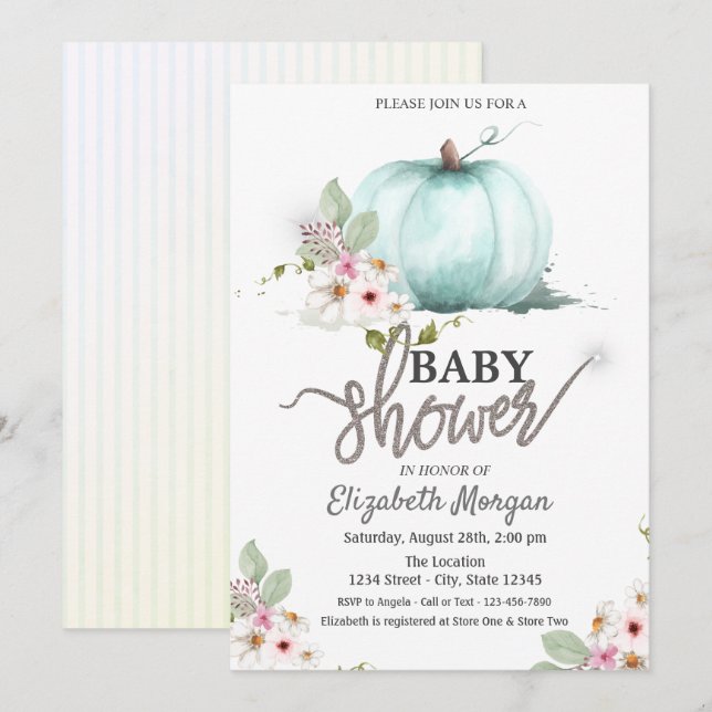 Watercolor Pumpkin Flowers Stripes Baby Shower  Invitation (Front/Back)