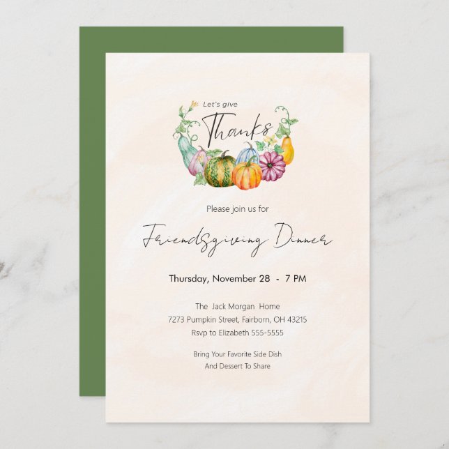 Watercolor Pumpkin Friendsgiving Dinner Party Invitation (Front/Back)