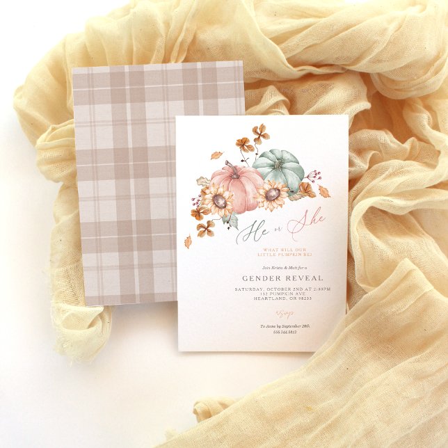 Watercolor Pumpkin Gender Reveal Party Invitation (He or She what will our little pumpkin be? Fall Gender reveal invitation with watercolor pumpkins)