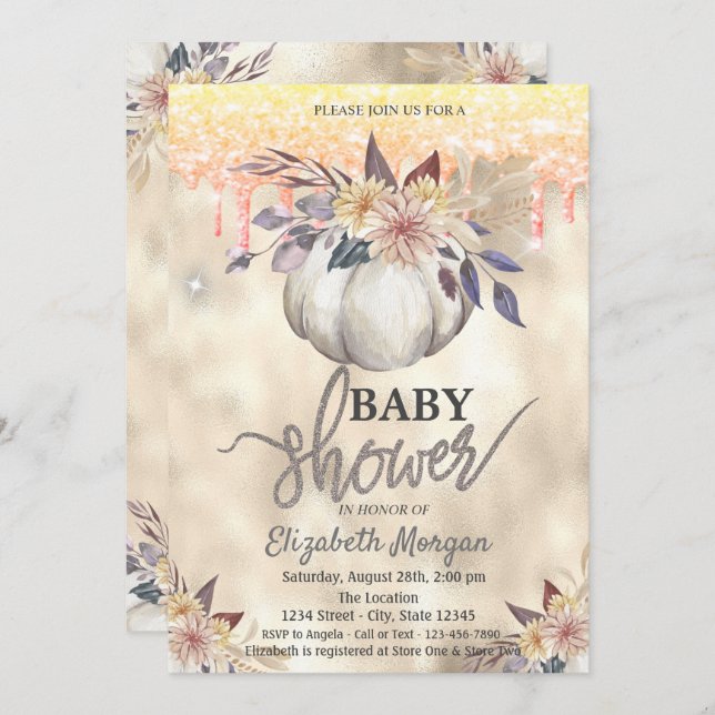 Watercolor Pumpkin Glitter Drips Baby Shower Invitation (Front/Back)