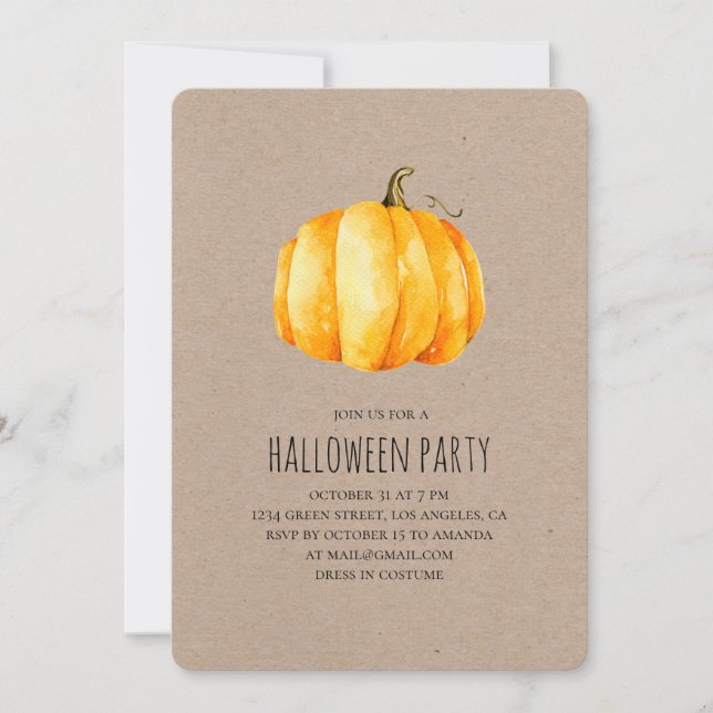 Watercolor pumpkin. Halloween costume party. Kraft Invitation (Front)