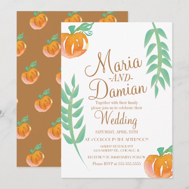 Watercolor Pumpkin Illustration Greenery Wedding Invitation (Front/Back)