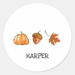 Watercolor Pumpkin, Leaf and Acorn Fall Classic Round Sticker