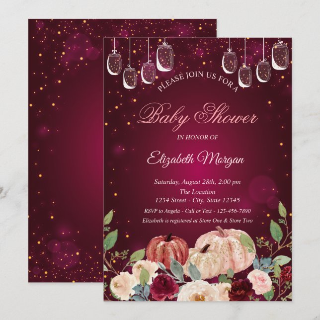 Watercolor Pumpkin,Lights,Floral Baby Shower Invitation (Front/Back)