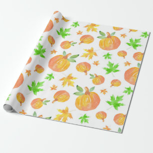 Watercolor Pumpkin & Maple Leaf Pattern  Wrapping Paper
