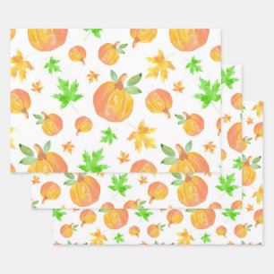 Watercolor Pumpkin & Maple Leaf Pattern  Wrapping Paper Sheet