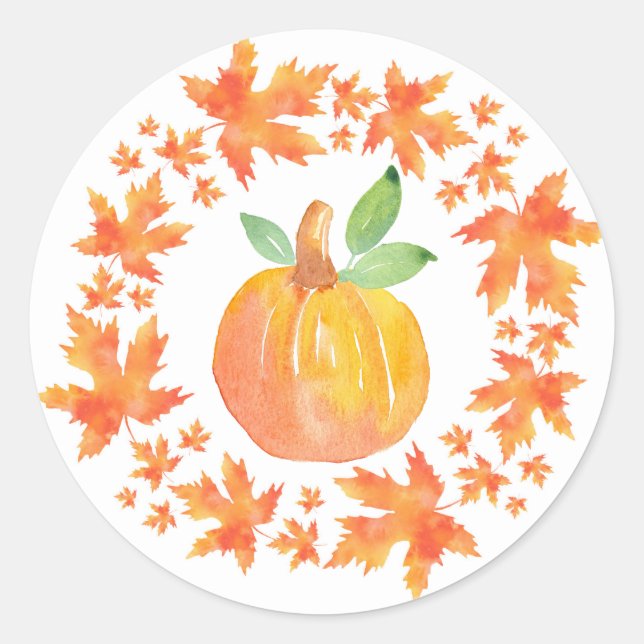 Watercolor Pumpkin & Maple Leaf Wreath Classic Round Sticker (Front)