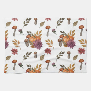 Watercolor Pumpkin Mushrooms Fall Autumn Themed  Tea Towel