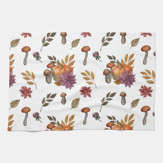 Watercolor Pumpkin Mushrooms Fall Autumn Themed  Tea Towel (Horizontal)