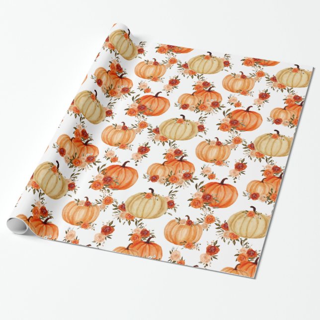 Watercolor Pumpkin Orange Floral Roses Wrapping Paper (Unrolled)