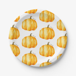Watercolor pumpkin pattern. Halloween kids party Paper Plate