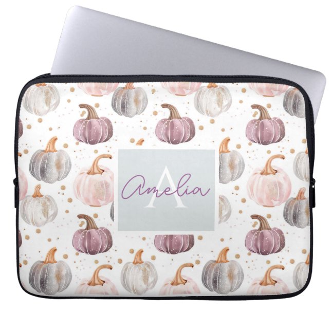 Watercolor Pumpkin pattern with name Laptop Sleeve (Front)