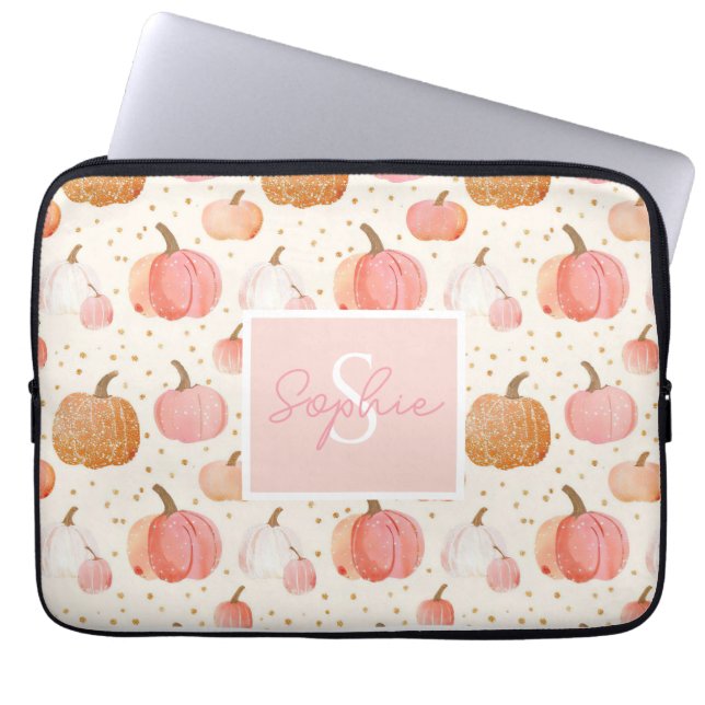 Watercolor Pumpkin pattern with name Laptop Sleeve (Front)