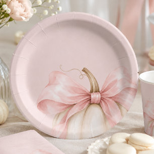 Watercolor Pumpkin Pink Bow Fall Baby Girl Shower Paper Plate
