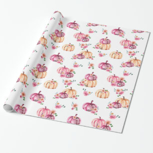 Watercolor Pumpkin Pink Floral Roses Wrapping Paper