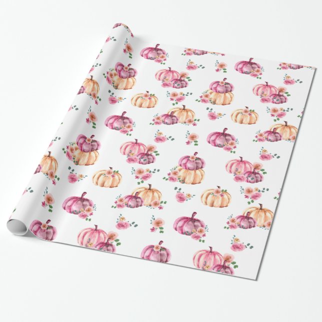 Watercolor Pumpkin Pink Floral Roses Wrapping Paper (Unrolled)