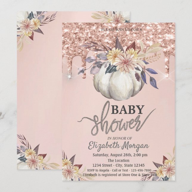 Watercolor Pumpkin Rose Gold Glitter Drips Invitation (Front/Back)