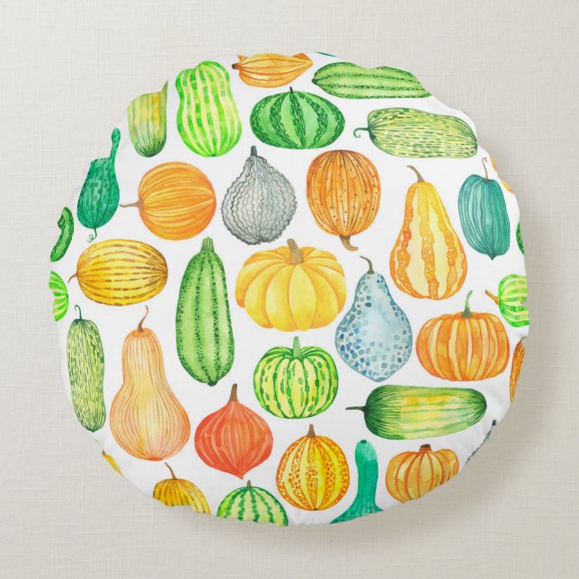 Watercolor pumpkin, squash seamless pattern round cushion (Front)