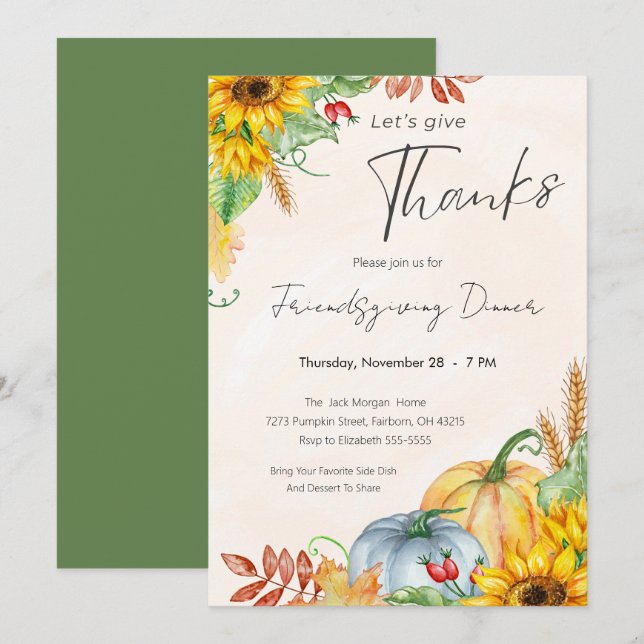 Watercolor Pumpkin Sunflower Friendsgiving Dinner Invitation (Front/Back)