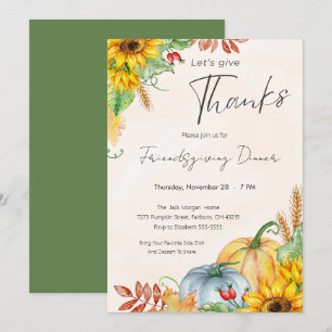 Watercolor Pumpkin Sunflower Friendsgiving Dinner Invitation