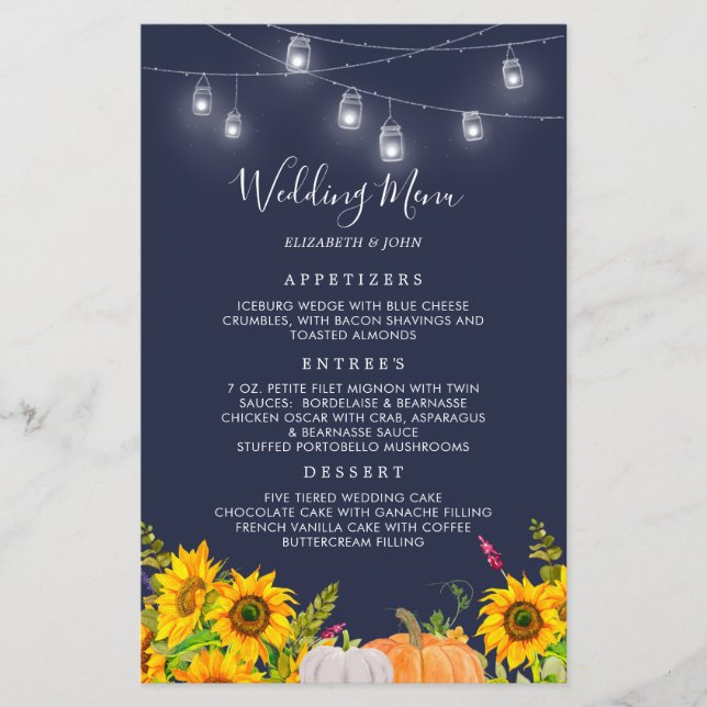 Watercolor Pumpkin Sunflowers Rustic Wedding Menu (Front)