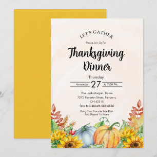 Watercolor Pumpkin Sunflowers Thanksgiving Dinner  Invitation