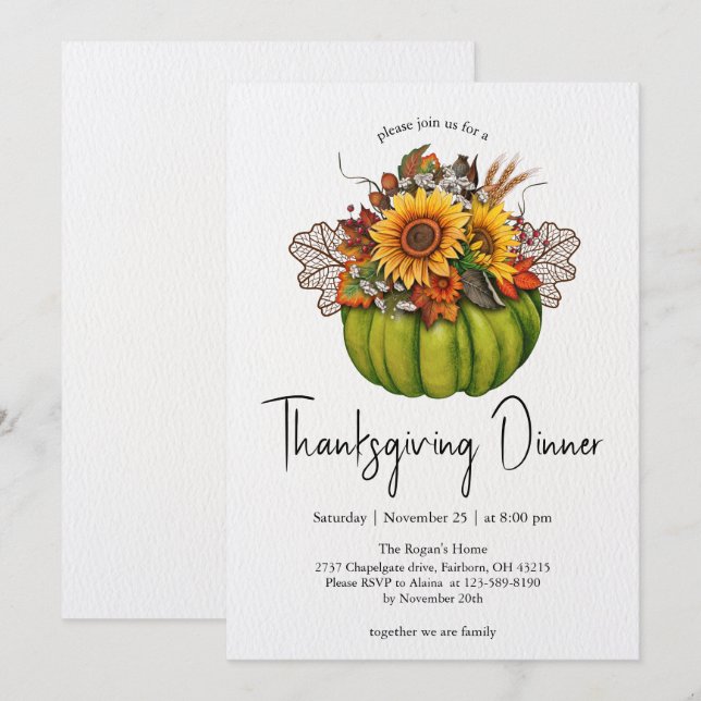  Watercolor Pumpkin & Sunflowers Thanksgiving  Invitation (Front/Back)