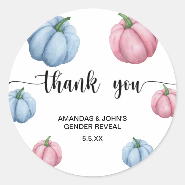 Watercolor Pumpkin Thank you gender reveal Classic Round Sticker (Front)